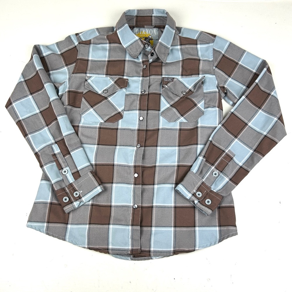 Dixxon Flannel Shirt Womens Medium Blue Brown Plaid Snap Button T Street